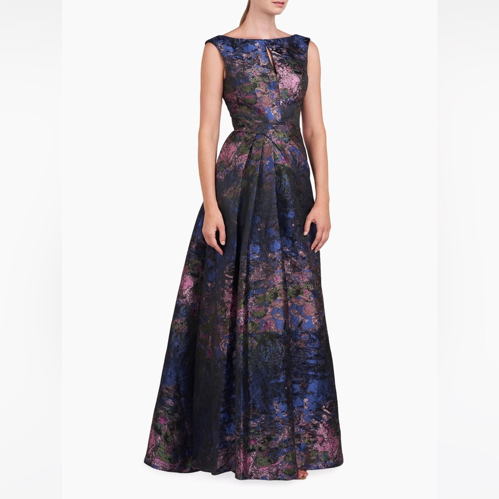 Kay Unger Winona Monet Jacquard Cap-Sleeve Gown